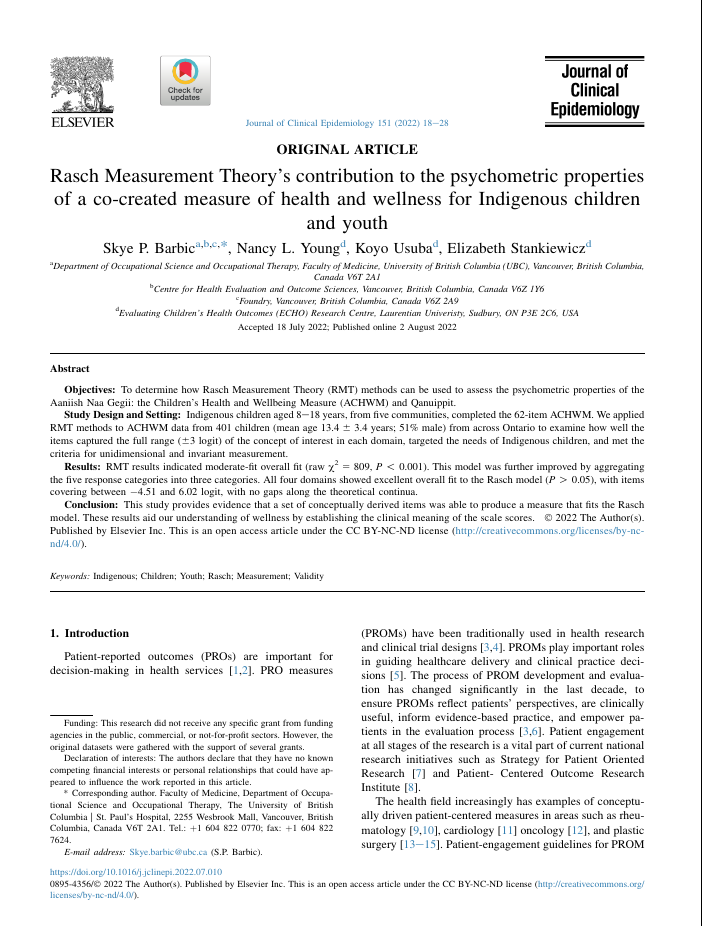 Rasch Measurement Theory’s contribution to the psychometric properties of a co-created measure of health and wellness for Indigenous children and youth Rasch Measurement Theory’s contribution to the psychometric properties of a co-created measure of health and wellness for Indigenous children and youth