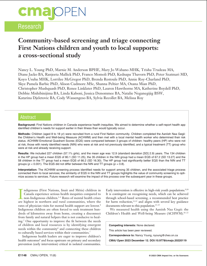 Community-based screening and triage connecting First Nations children and youth to local supports: a cross-sectional study Community-based screening and triage connecting First Nations children and youth to local supports: a cross-sectional study