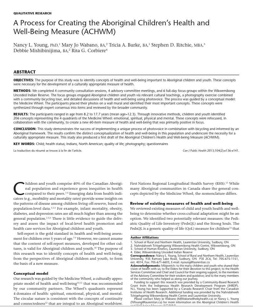 A Process for Creating the Aboriginal Children’s Health and Well-Being Measure (ACHWM) A Process for Creating the Aboriginal Children’s Health and Well-Being Measure (ACHWM)