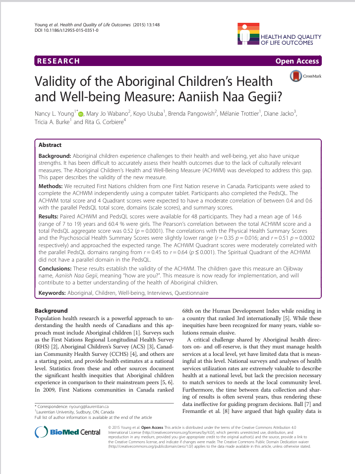 Validity of the Aboriginal Children's Health and Well-being Measure: Aaniish Naa Gegii? Validity of the Aboriginal Children's Health and Well-being Measure: Aaniish Naa Gegii?