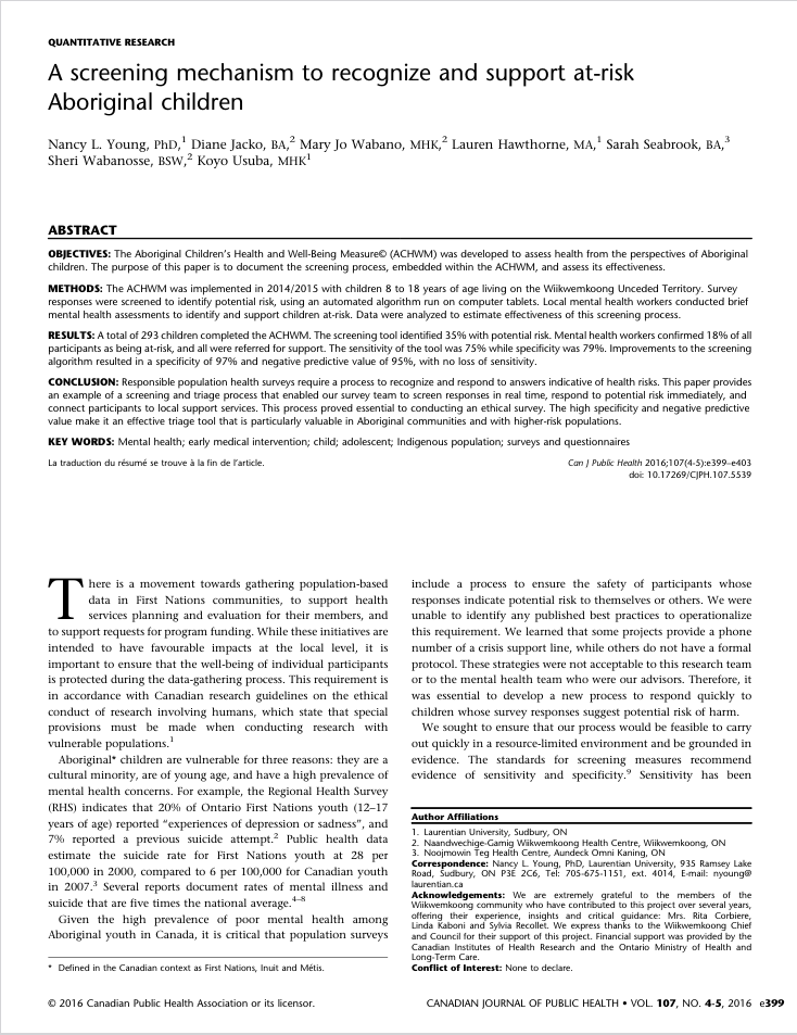 A screening mechanism to recognize and support at-risk Aboriginal children A screening mechanism to recognize and support at-risk Aboriginal children