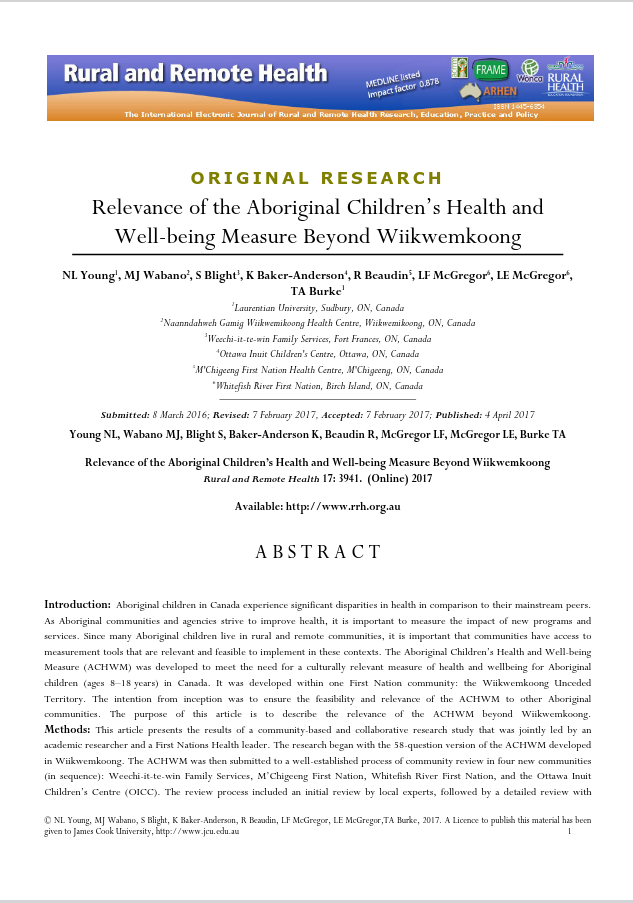 Relevance of the Aboriginal Children’s Health and Well-being Measure Beyond Wiikwemkoong Relevance of the Aboriginal Children’s Health and Well-being Measure Beyond Wiikwemkoong