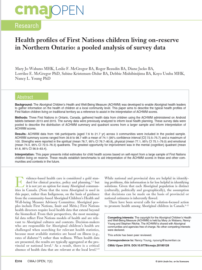 Health profiles of First Nations children living on-reserve in Northern Ontario: a pooled analysis of survey data Health profiles of First Nations children living on-reserve in Northern Ontario: a pooled analysis of survey data