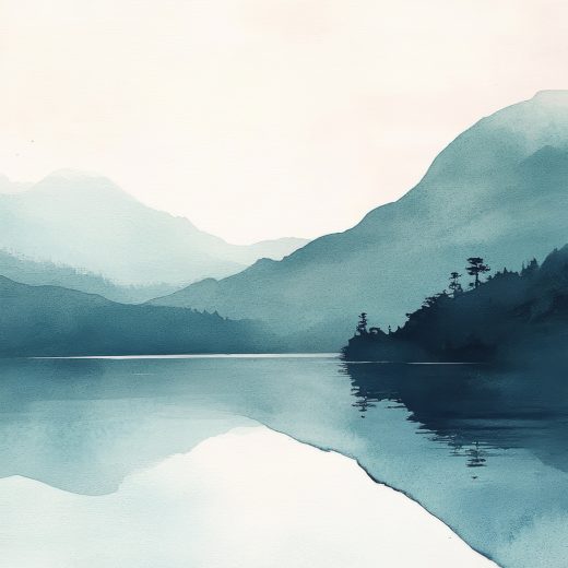 Tranquil watercolor painting of a mountain lake with misty hills, reflecting calm waters in soft blue tones.