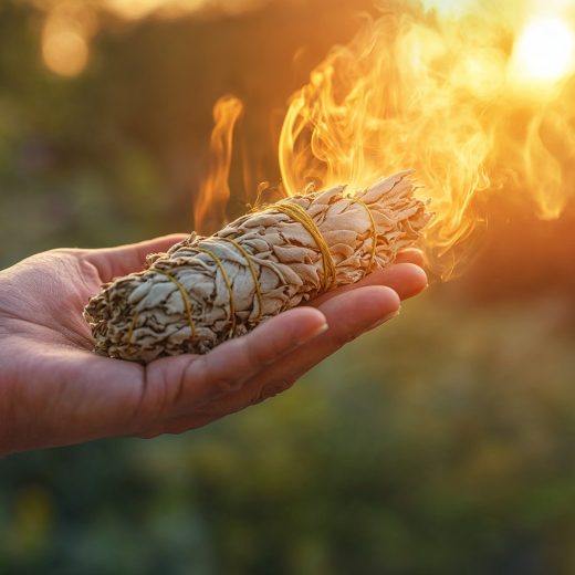 Hand holding burning sage bundle against sunset for smudging ritual, perfect for spiritual blogs, wellness websites, metaphysical blogs, spiritual practices and holistic healing websites